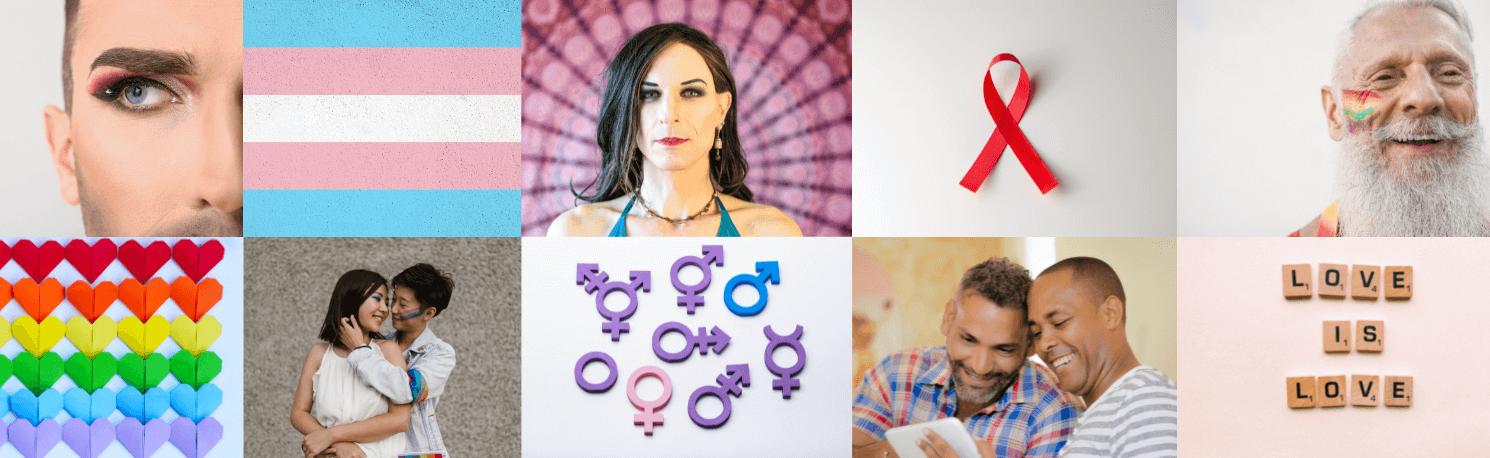 Collage photo of members of the LGBTQ+ community interwoven with rainbow hearts, transgender flag, red ribbon, and gender symbols